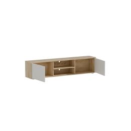 Mueble Mesa TV Melamina Blanco-Natural 180x40x41 cm - 2 Puertas y Amplio Espacio de Almacenamiento.