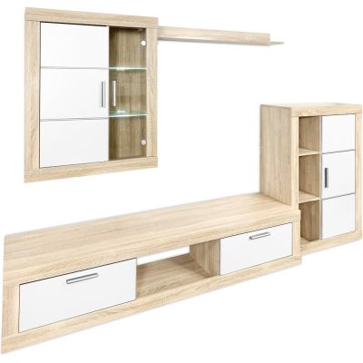 Meyvaser Mueble de salón y TV Moderno con Leds Color Cambria y Blanco Módulo de Comedor 259 Cm