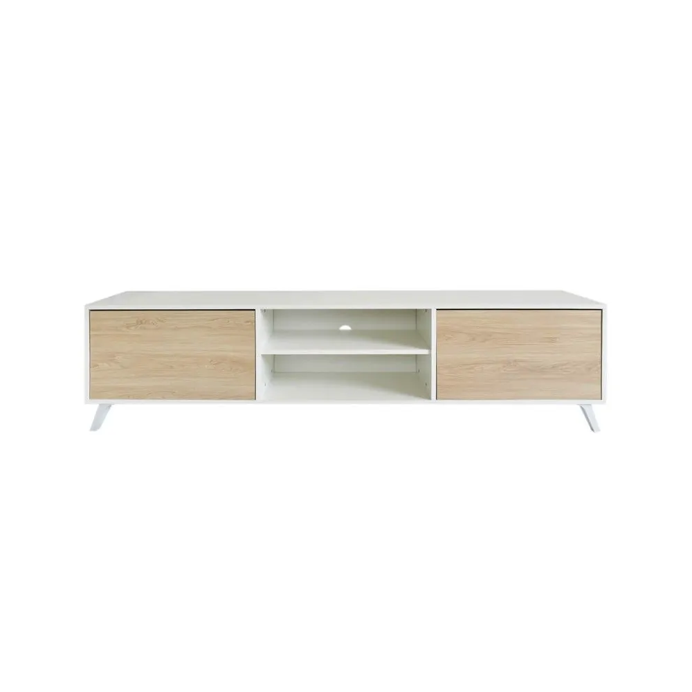 Mueble de TV de Diseño Nórdico + 2 Estantes, 2 Estantes y 2 Puertas,Cambrian-Blanco, 49cm(Al) x 180cm (Anc) x 40cm (Fon)