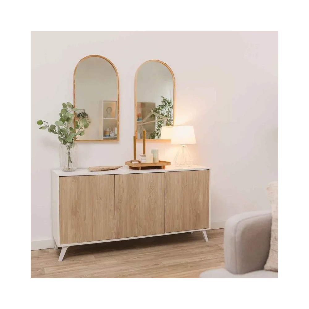 Meyvaser Aparador, Buffet, Salón Comedor 3 Puertas, Armario Auxiliar Color Blanco y Roble, Medidas: 138 cm x 70 x 39,5