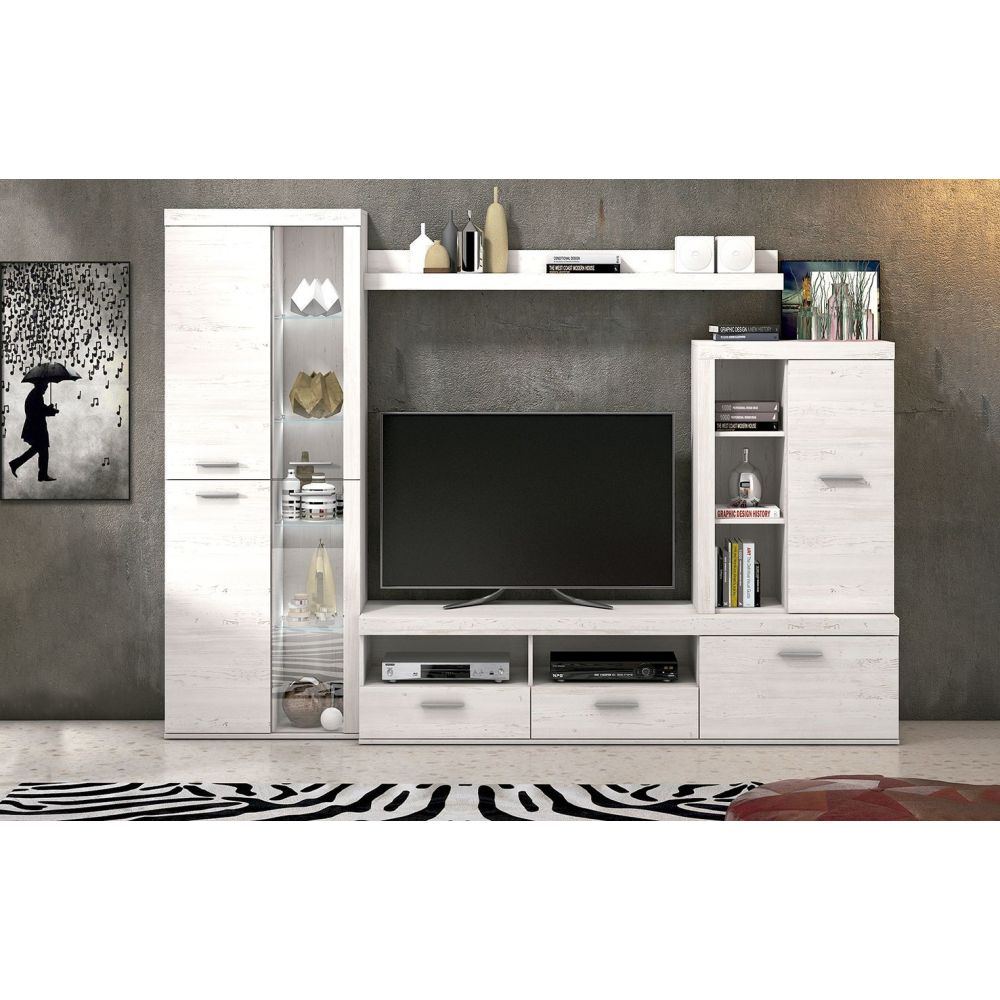 Mueble de Salón Moderno con Leds, Acabado en Andersen Pino, Medidas: 260 cm (Ancho) x 191 cm (Alto) 47,5 cm (Fondo)