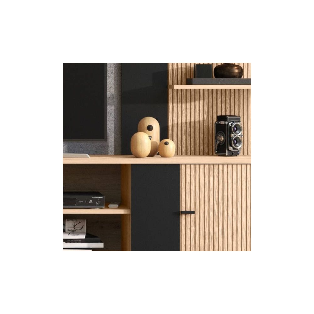 Composición de Salón en Roble Artisan y Negro con Efecto Alistonado- Medidas 263x40x167 cm