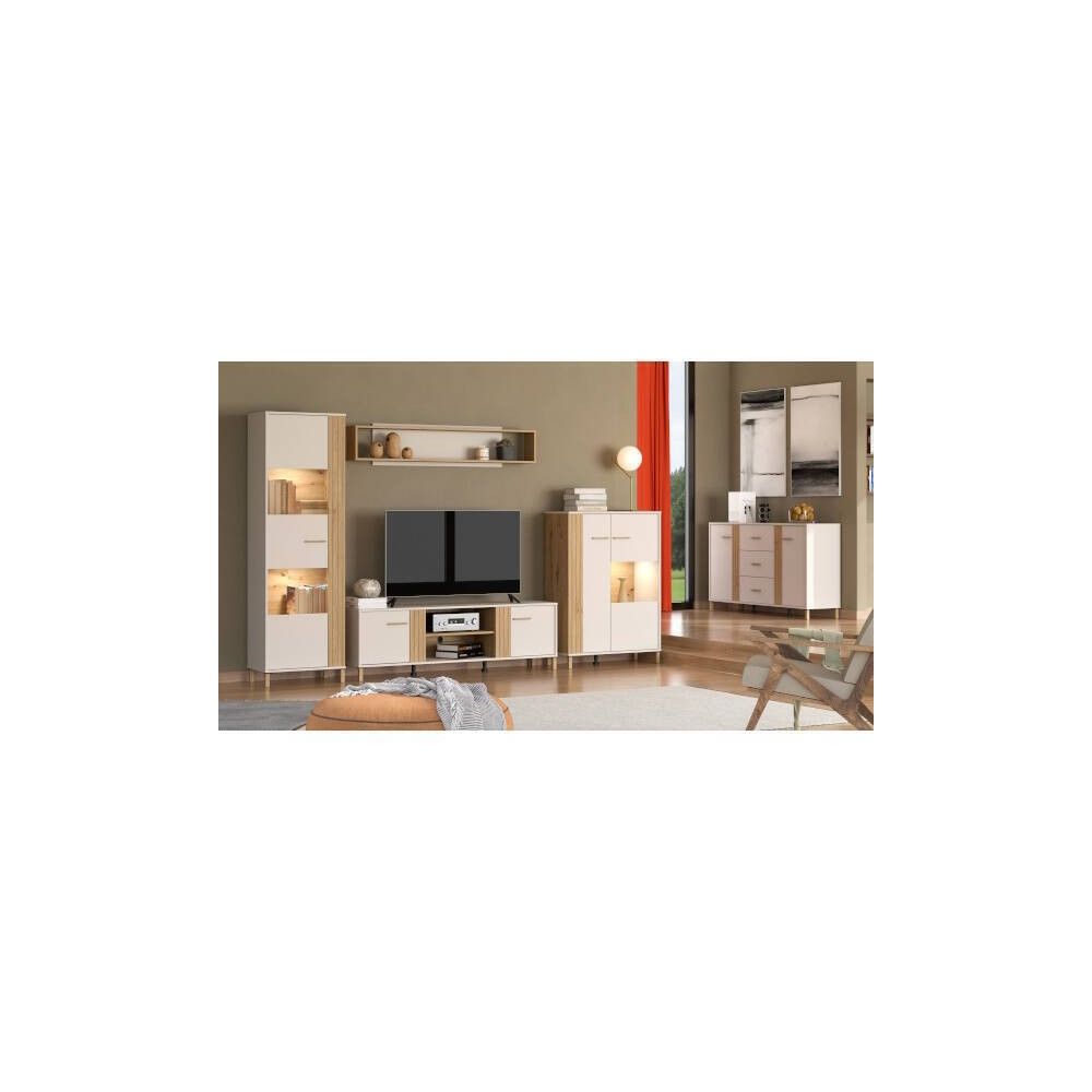 Vitrina Baja en Melamina Color Cashmere y Roble Artisan 2 Puertas Medidas 85,5x40x122,5 cm