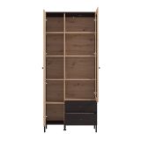 Vitrina Alta en Roble Artisan y Negro con Puerta Estrecha, Puerta Acristalada y 2 Cajones - Medidas 86,5x40x195 cm
