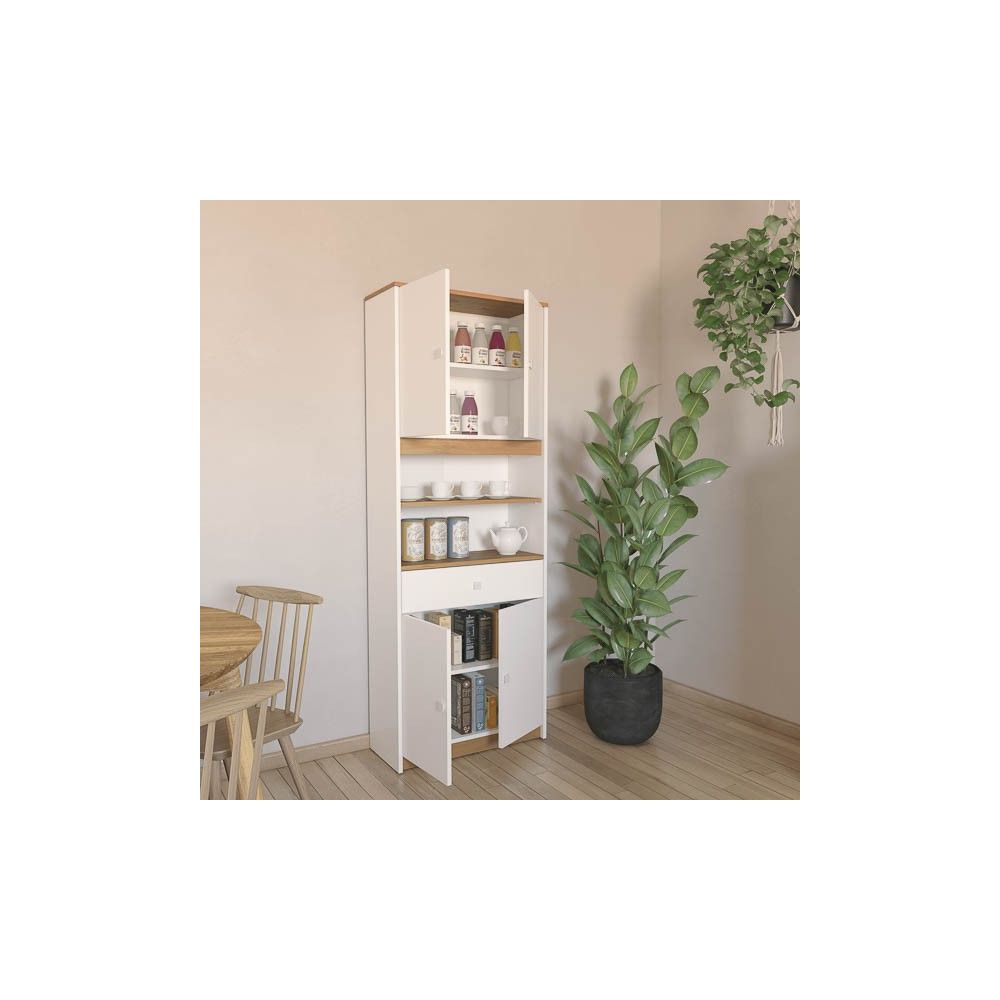 Armario Multiusos Tipo Buffet con 4 Puertas – Acabado Blanco y Roble – 180 x 67 x 29 cm (alto x ancho x fondo)