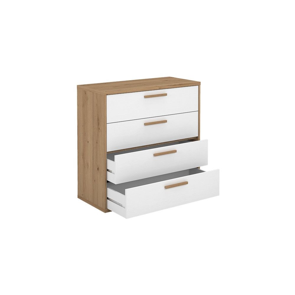 Cómoda con 4 Cajones, para Dormitorio, Acabado en Color Blanco y Roble, Medidas: 88 cm (Ancho) x 86 cm (Alto) x 48 cm (Fondo)